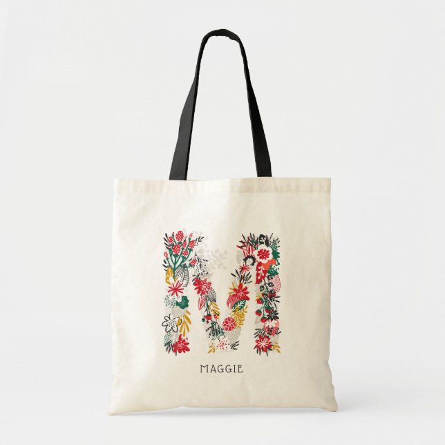 Letter M | Whimsical Floral Letter Monogram Bag I (Front)