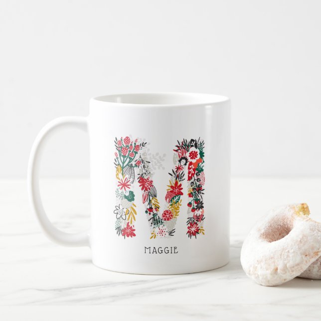 Letter M | Whimsical Floral Letter Monogram I Mug (With Donut)