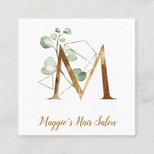 Letter M with Gold Geometric Design and Flowers Square Business Card