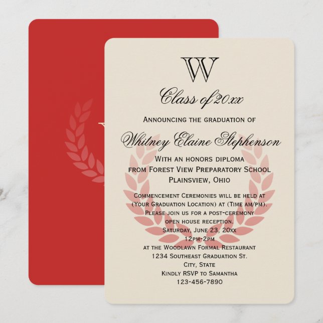 Letter Monogram Classic Red College Graduation Invitation (Front/Back)