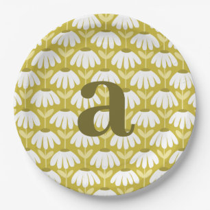 Letter Monogram Olive Green Vintage Floral Pattern Paper Plates