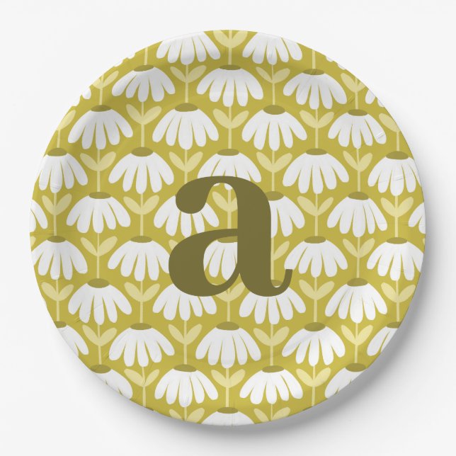 Letter Monogram Olive Green Vintage Floral Pattern Paper Plates (Front)