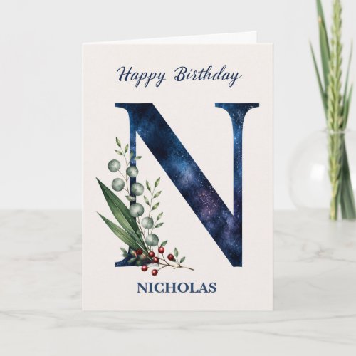 Letter N Birthday for Him Personalized Name Blue Card