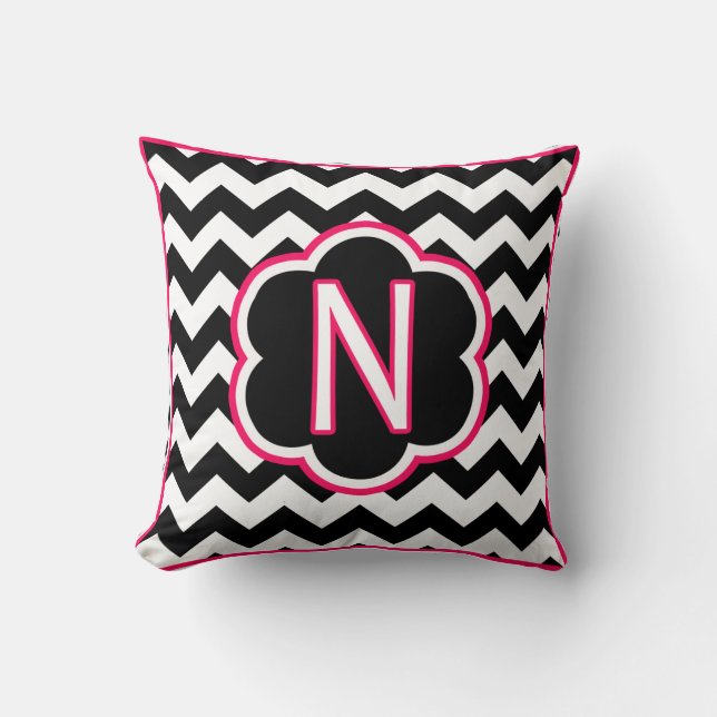 Letter N Black and White Chevron Monogram Throw Pillow (Front)