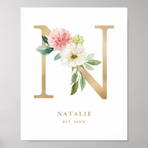 Letter N Blush Floral Monogram Gold Foil Nursery Poster