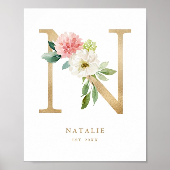 Letter N Blush Floral Monogram Gold Foil Nursery Poster (Front)