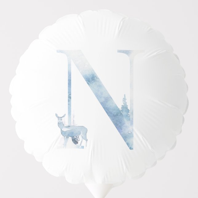 Letter N Dusty Blue Winter Forest Monogram Initial Balloon (Front)
