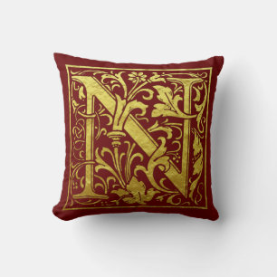 Letter N First Letter Faux Gold and Red Throw Pillow