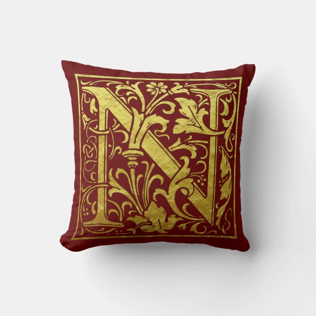 Letter N First Letter Faux Gold and Red Throw Pillow (Front)