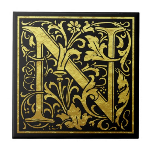 Letter N First Letter Faux Gold Black Ceramic Tile