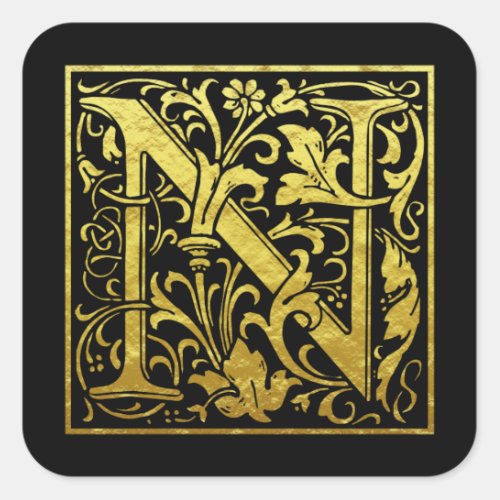 Letter N First Letter Faux Gold black Square Sticker