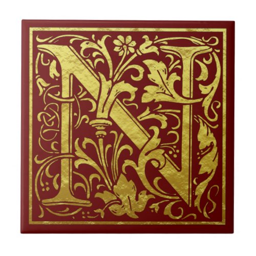 Letter N First Letter Faux Gold Red Ceramic Tile