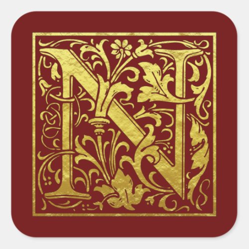 Letter N First Letter Faux Gold Red Square Sticker