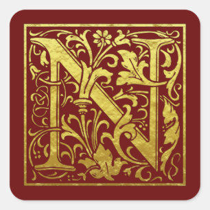 Letter N First Letter Faux Gold Red Square Sticker