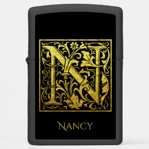 Letter N First Letter Gold on Black Zippo Lighter