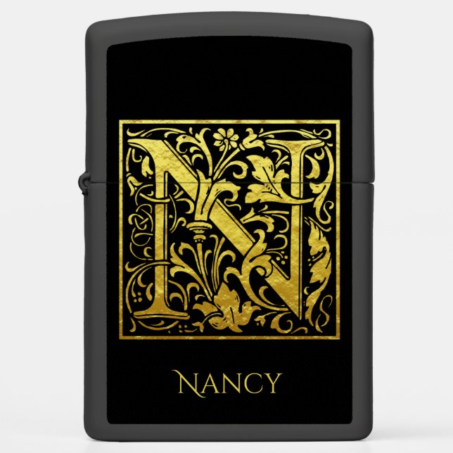 Letter N First Letter Gold on Black Zippo Lighter (Front)