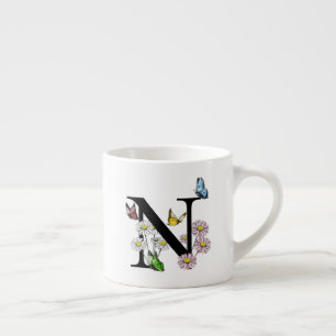 Letter N Floral Butterfly Monogram Initial Espresso Cup