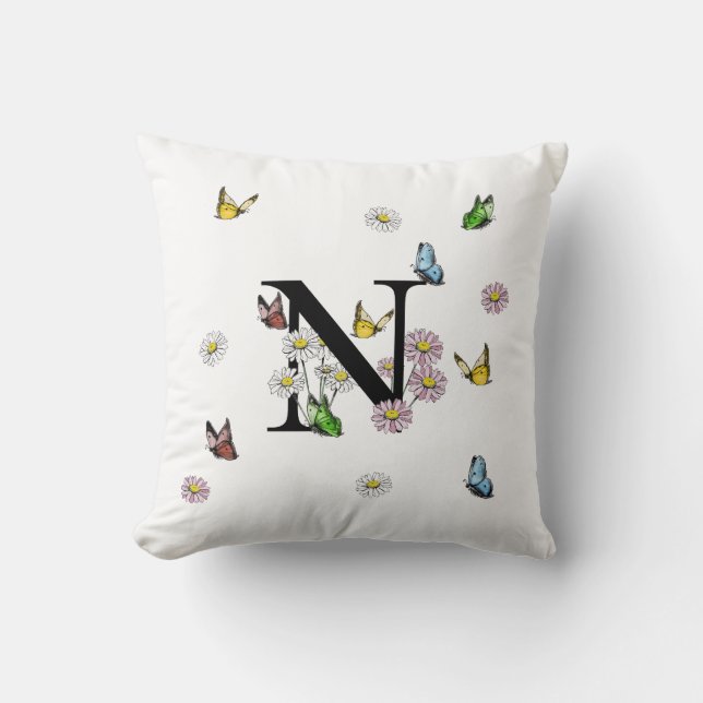 Letter N Floral Butterfly Monogram Initial  Throw Pillow (Front)