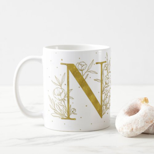 Letter N Gold Monogram Botanical Illustration Coffee Mug