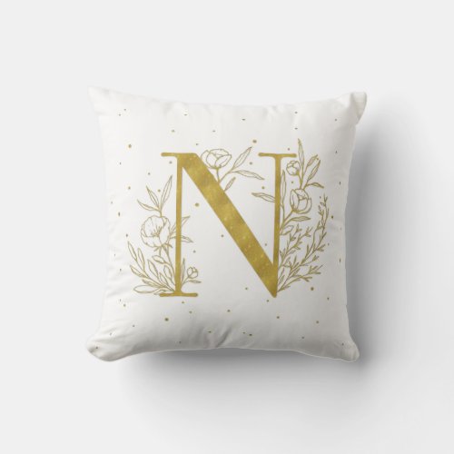 Letter N Gold Monogram Botanical Illustration Throw Pillow