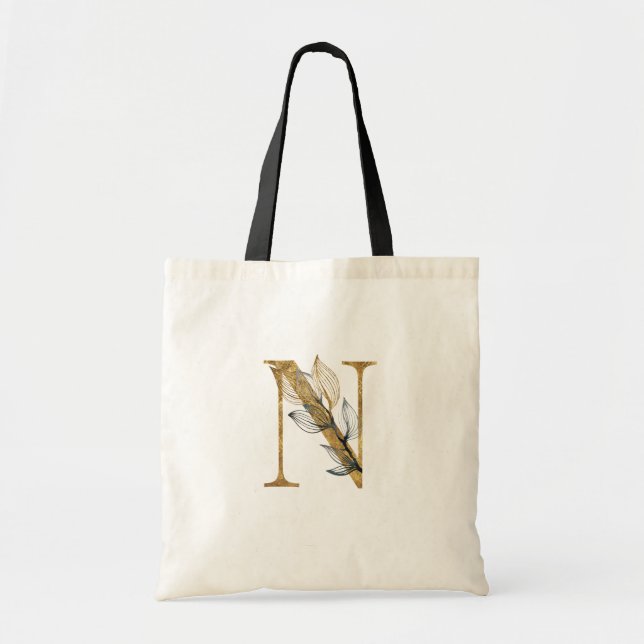 *~* Letter N Gold Monogram Initial Black Leaves Tote Bag (Front)