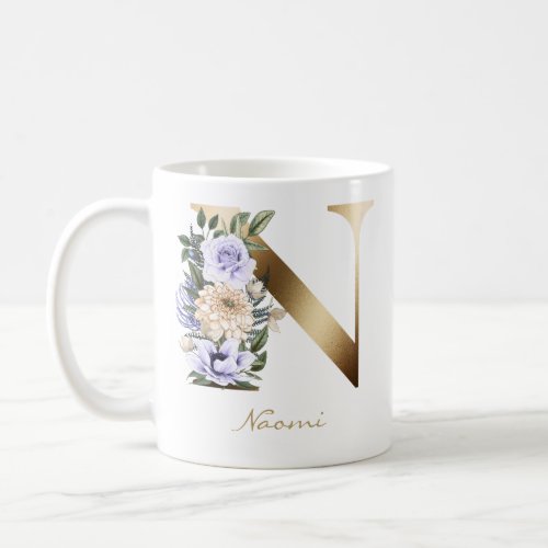 Letter N Gold Monogram Light Purple Cream Floral Coffee Mug