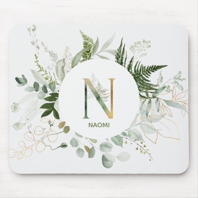Letter N Green Fern & Eucalyptus Wreath Mouse Pad (Front)