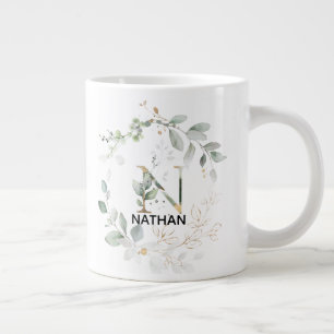 Letter N Initial Monogram Greenery Wreath w Gold Giant Coffee Mug