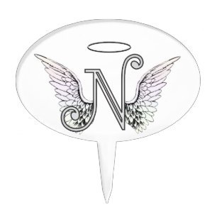 Letter N Initial Monogram with Angel Wings & Halo Cake Topper