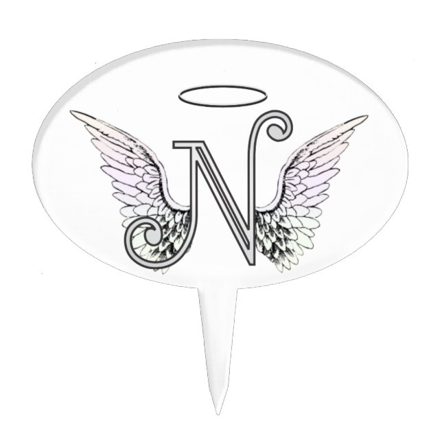 Letter N Initial Monogram with Angel Wings & Halo Cake Topper (Front)