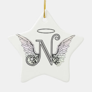 Letter N Initial Monogram with Angel Wings & Halo Ceramic Ornament