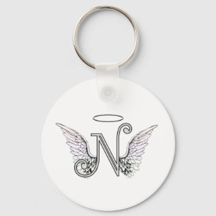 Letter N Initial Monogram with Angel Wings & Halo Keychain