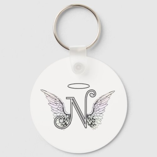 Letter N Initial Monogram with Angel Wings  Halo Keychain