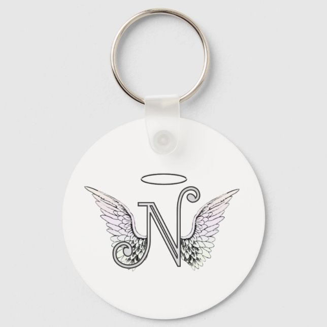 Letter N Initial Monogram with Angel Wings & Halo Keychain (Front)
