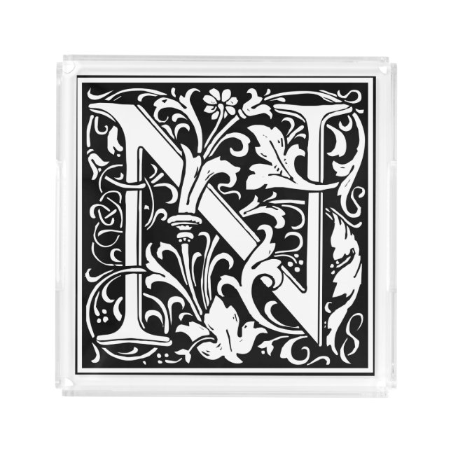 Letter N Medieval Monogram Art Nouveau Acrylic Tray (Front)