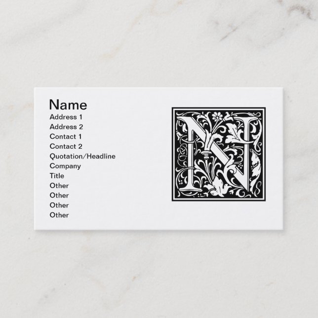 Letter N Medieval Monogram Art Nouveau Business Card (Front)
