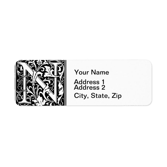 Letter N Medieval Monogram Art Nouveau Label (Front)