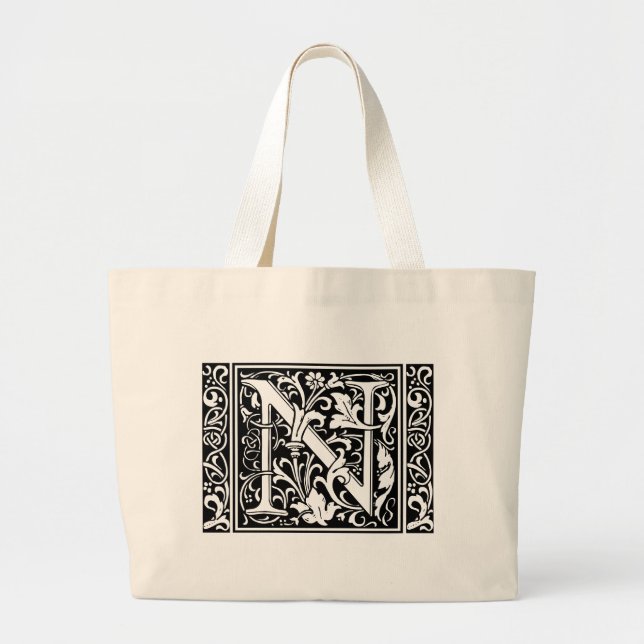 Letter N Medieval Monogram Art Nouveau Large Tote Bag (Front)