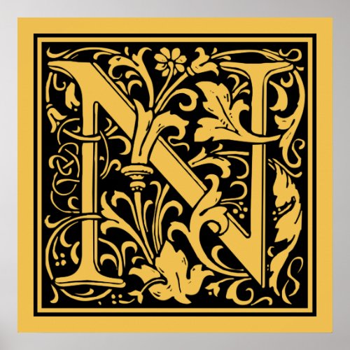 Letter N Medieval Monogram Art Nouveau Poster