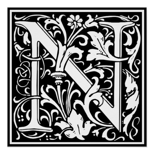 Letter N Medieval Monogram Art Nouveau Poster