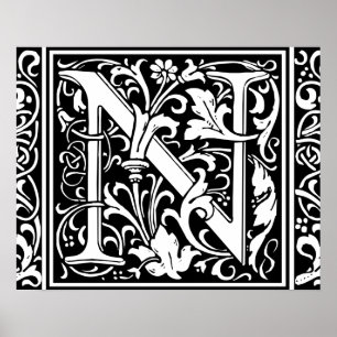 Letter N Medieval Monogram Art Nouveau Poster