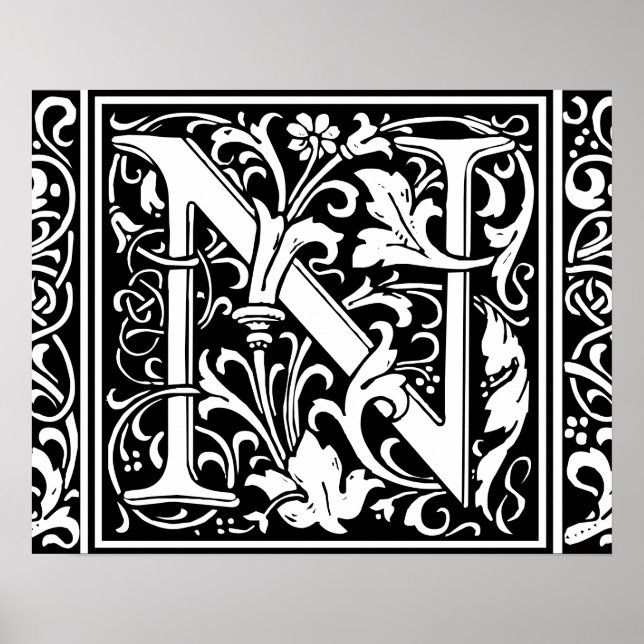 Letter N Medieval Monogram Art Nouveau Poster (Front)