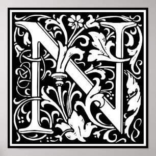 Letter N Medieval Monogram Art Nouveau Poster