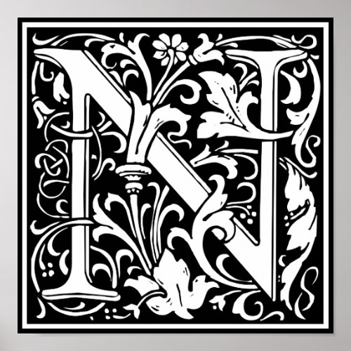 Letter N Medieval Monogram Art Nouveau Poster
