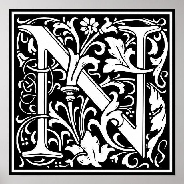 Letter N Medieval Monogram Art Nouveau Poster (Front)