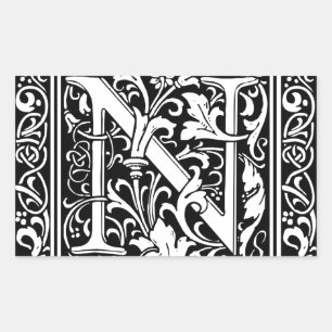 Letter N Medieval Monogram Art Nouveau Rectangular Sticker