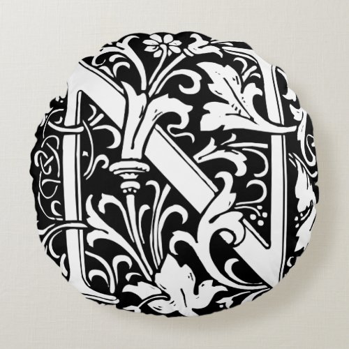 Letter N Medieval Monogram Art Nouveau Round Pillow