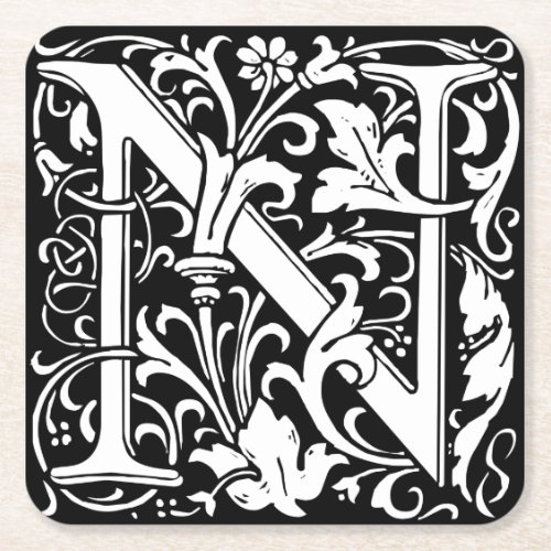 Letter N Medieval Monogram Art Nouveau Square Paper Coaster