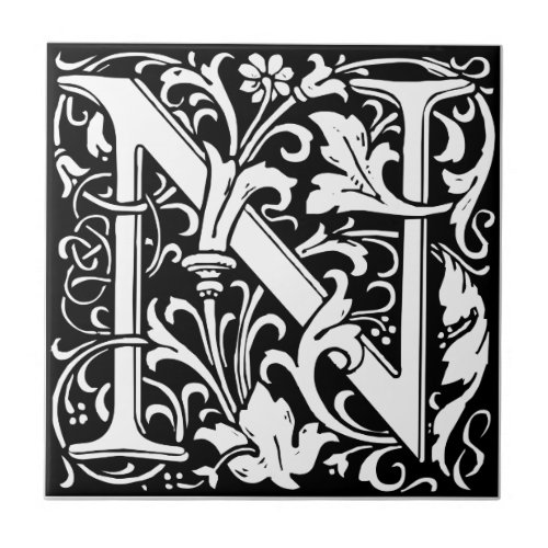Letter N Medieval Monogram Art Nouveau Tile