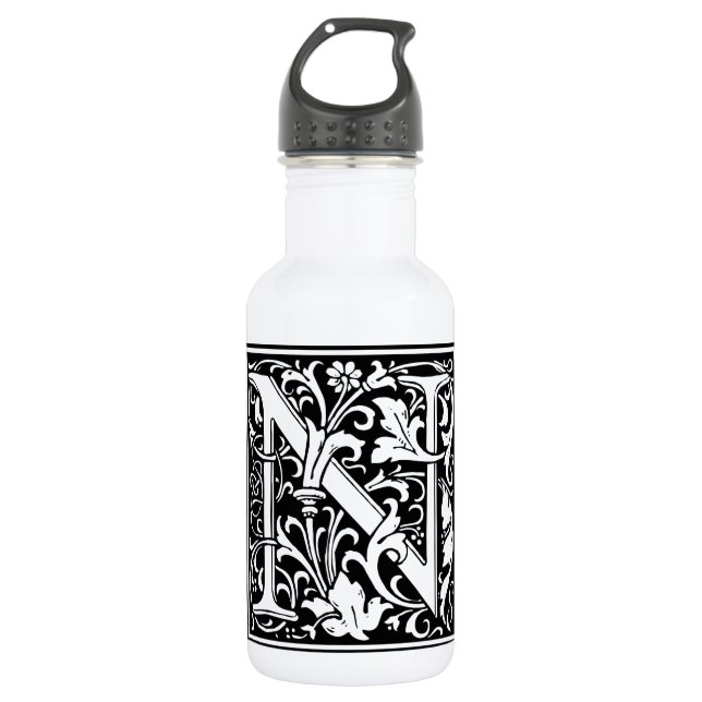 Letter N Medieval Monogram Art Nouveau Water Bottle (Front)